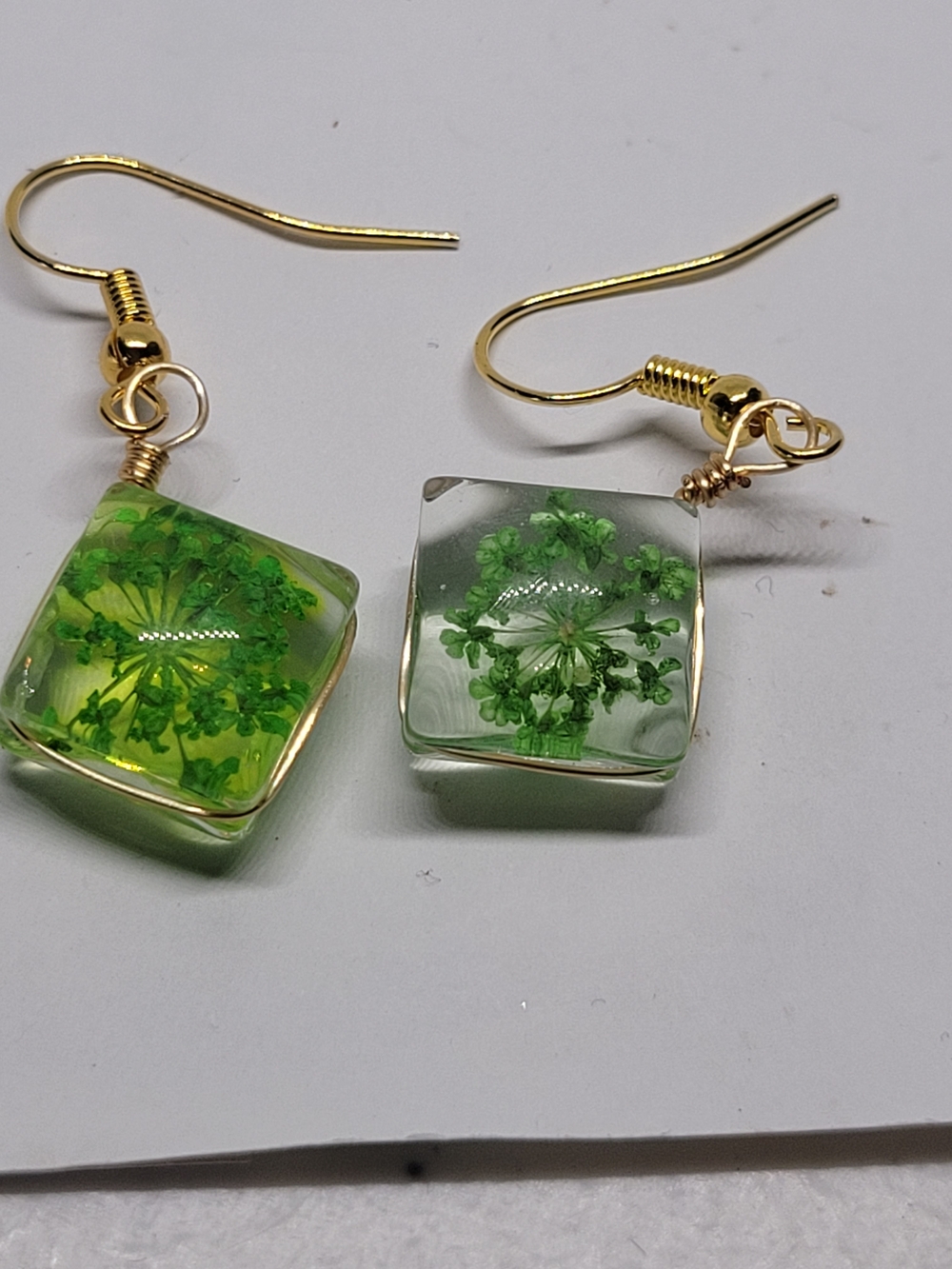 Green Glass Botanical Square Drop Earrings